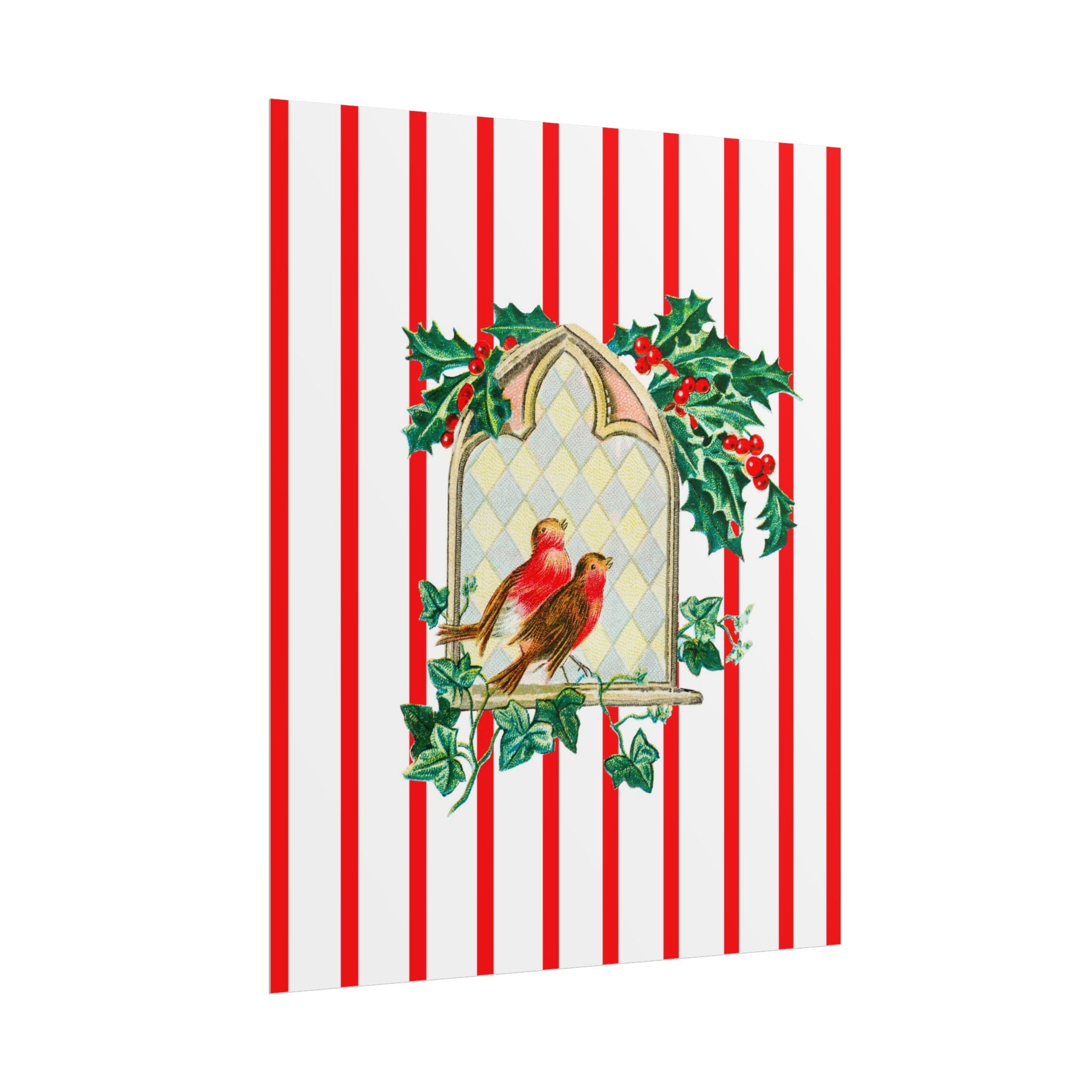 Christmas Art Print - Vintage Birds on Vertical Red Stripes