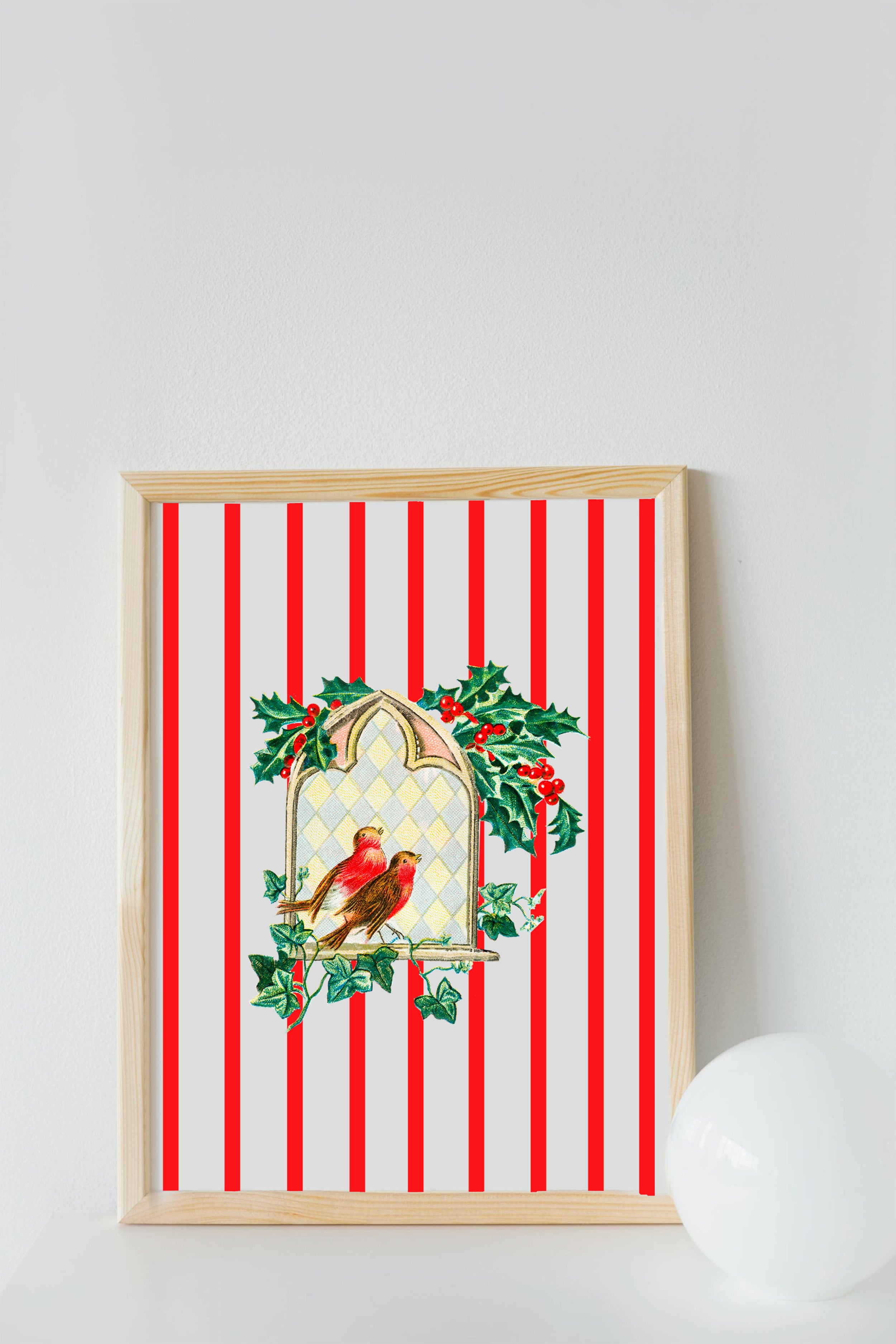 Christmas Art Print - Vintage Birds on Vertical Red Stripes