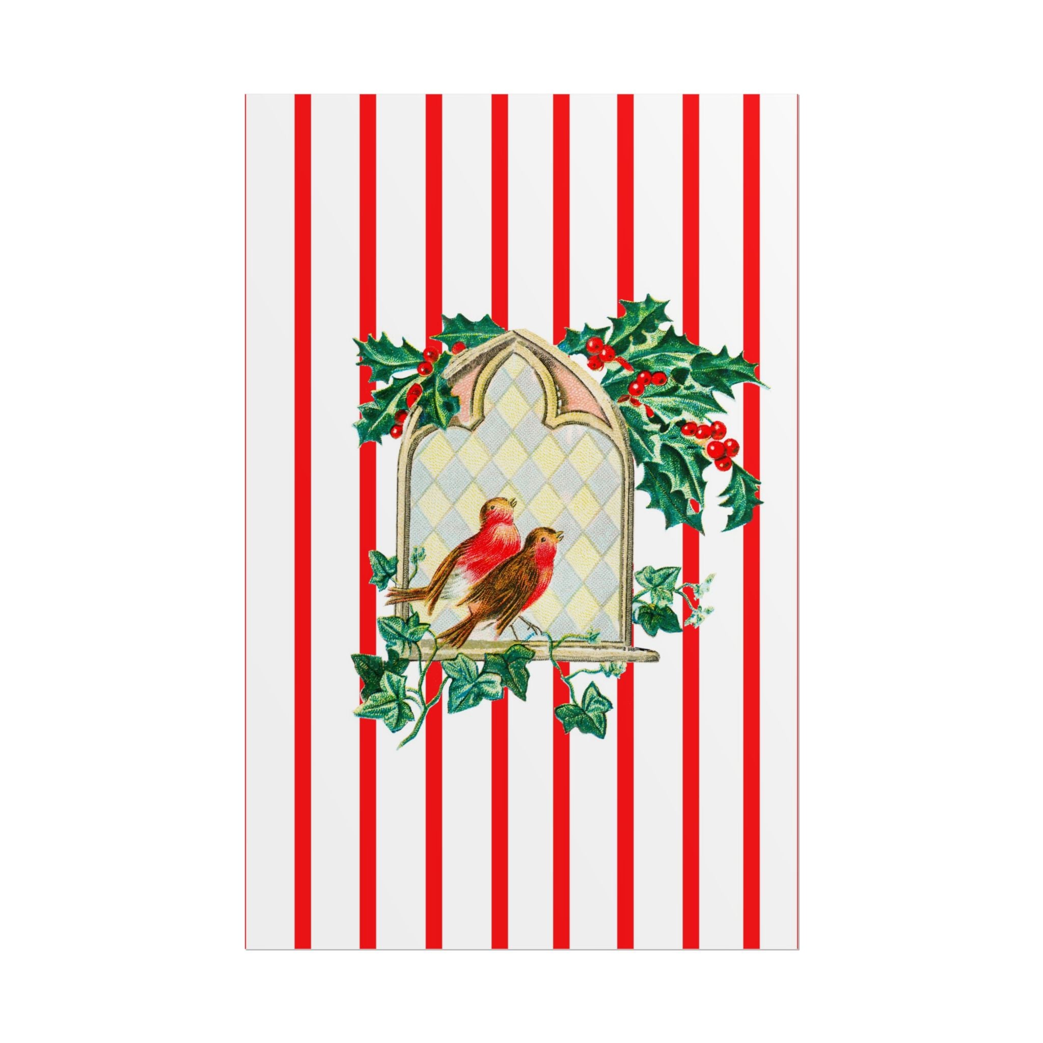 Christmas Art Print - Vintage Birds on Vertical Red Stripes