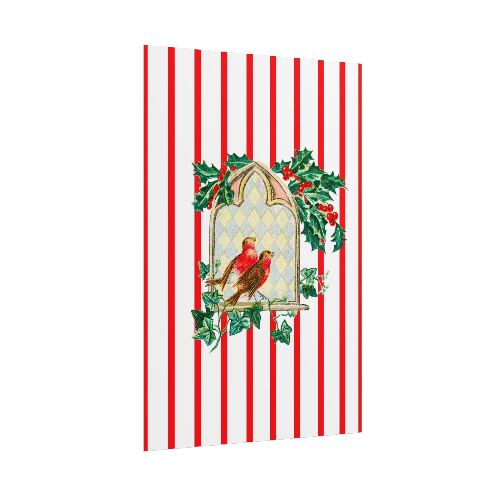 Christmas Art Print - Vintage Birds on Vertical Red Stripes